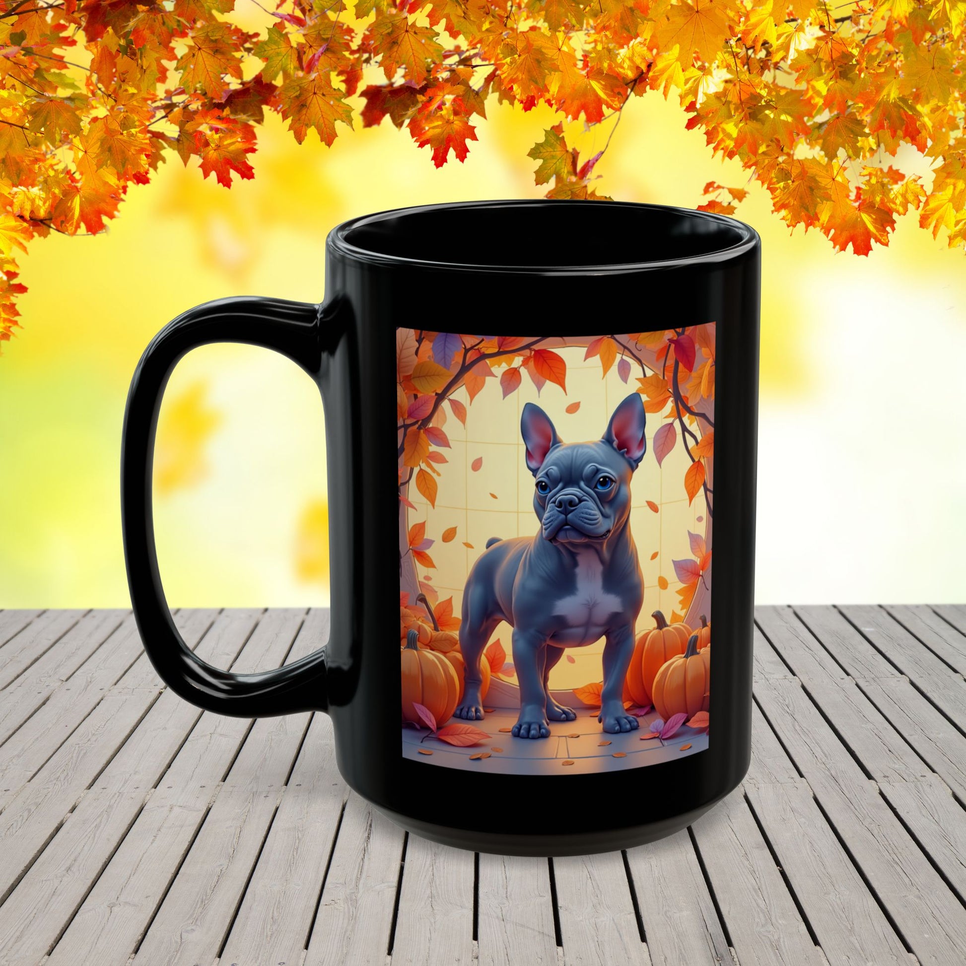 French Bulldog (Blue) Autumn Coffee Mug - Fall coffee cup for dog lovers, cute French Bulldog mug, personalized
