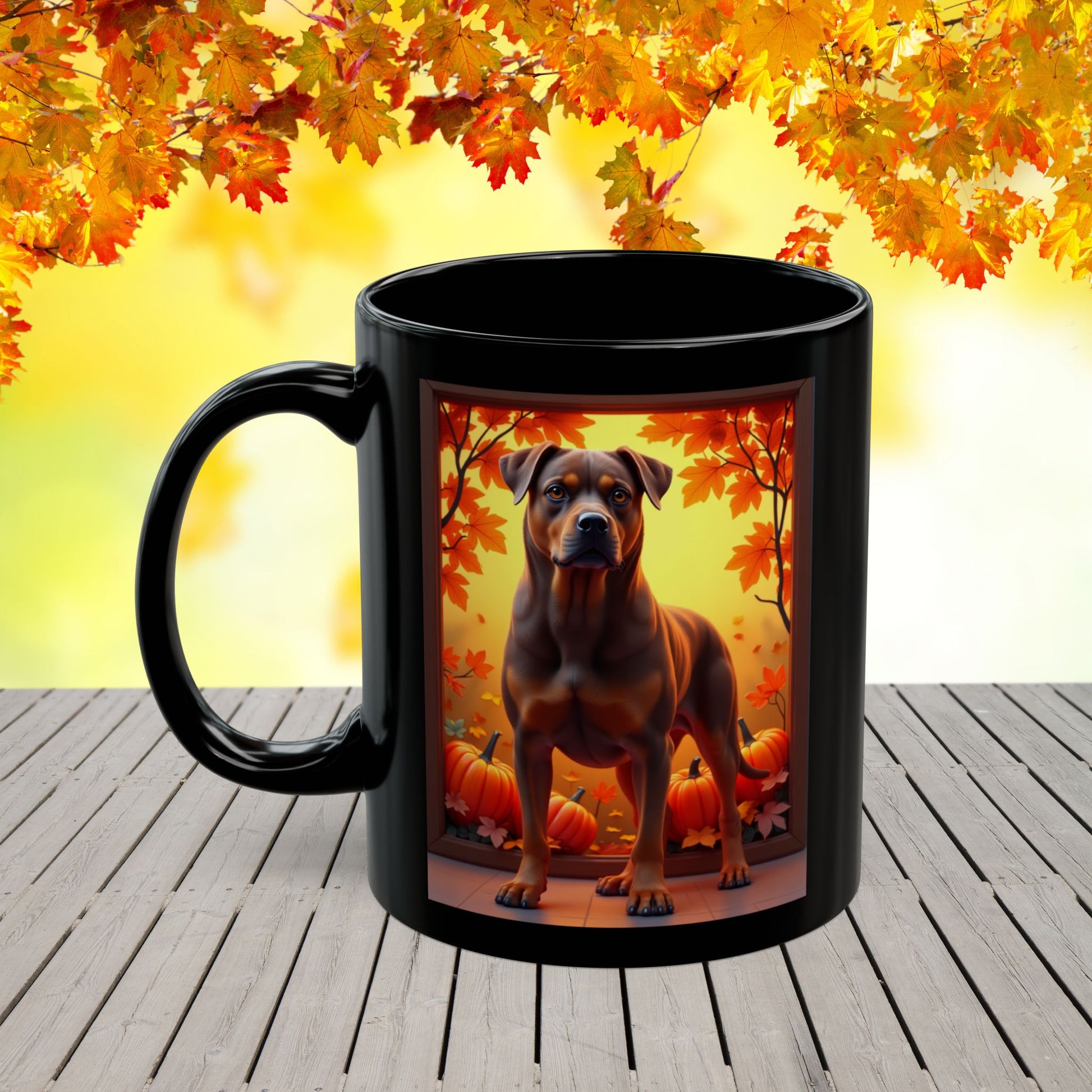 Chocolate and tan Rottweiler dog in fall leaves on a custom black mug.