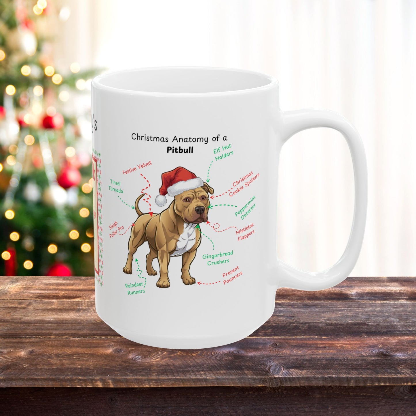 Pitbull (Buckskin) Christmas mug, personalized dog anatomy coffee cup, funny holiday gift for Pit Bull lovers