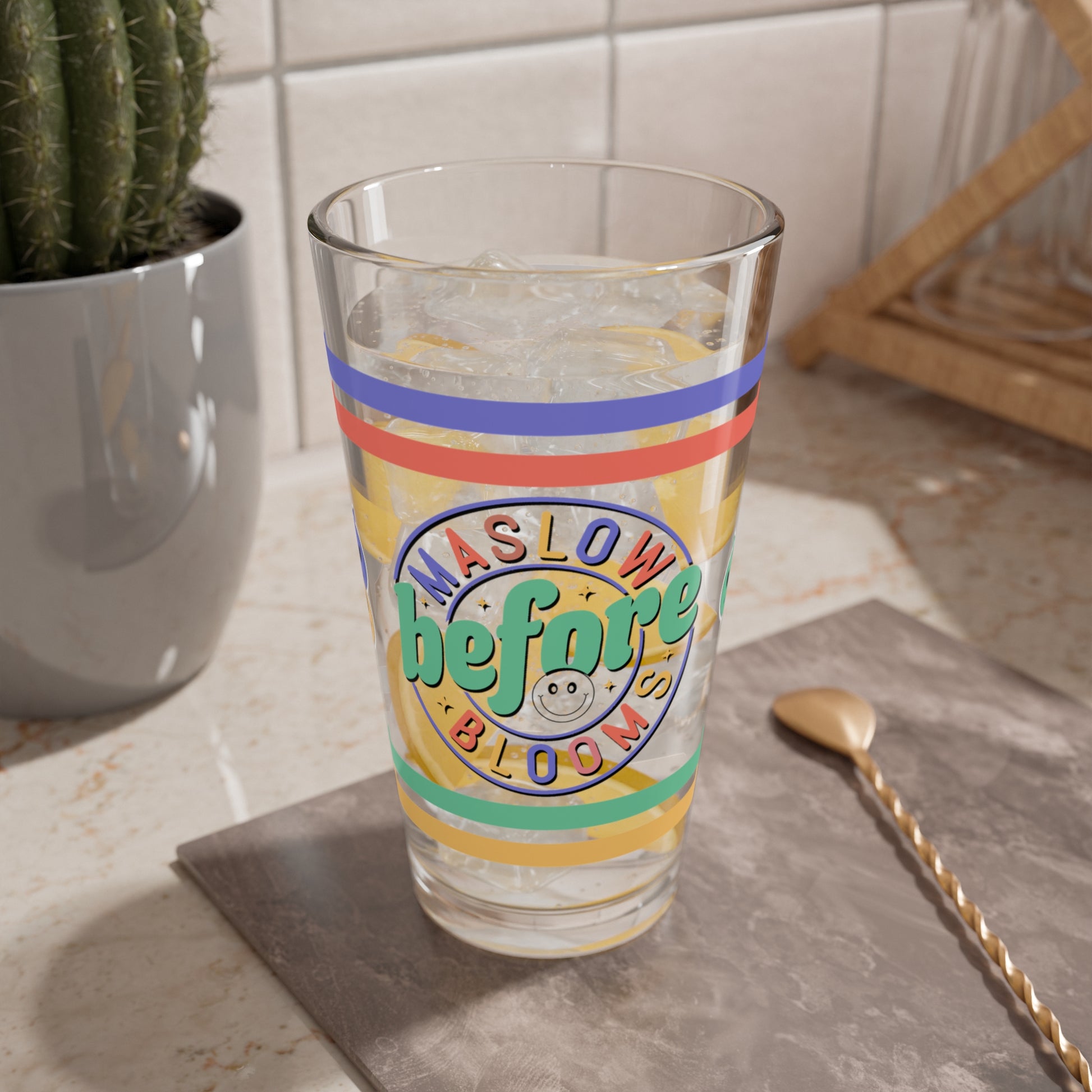 Maslow Before Blooms Retro Pint Glass - 16oz Mental Health Drinkware, Clear Glass for Beverages
