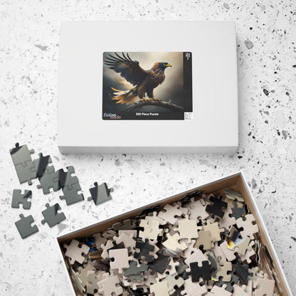 Sky Majesty Triumph - Cinematic Eagle Puzzle with One Wing Raised on Atmospheric Grey Background