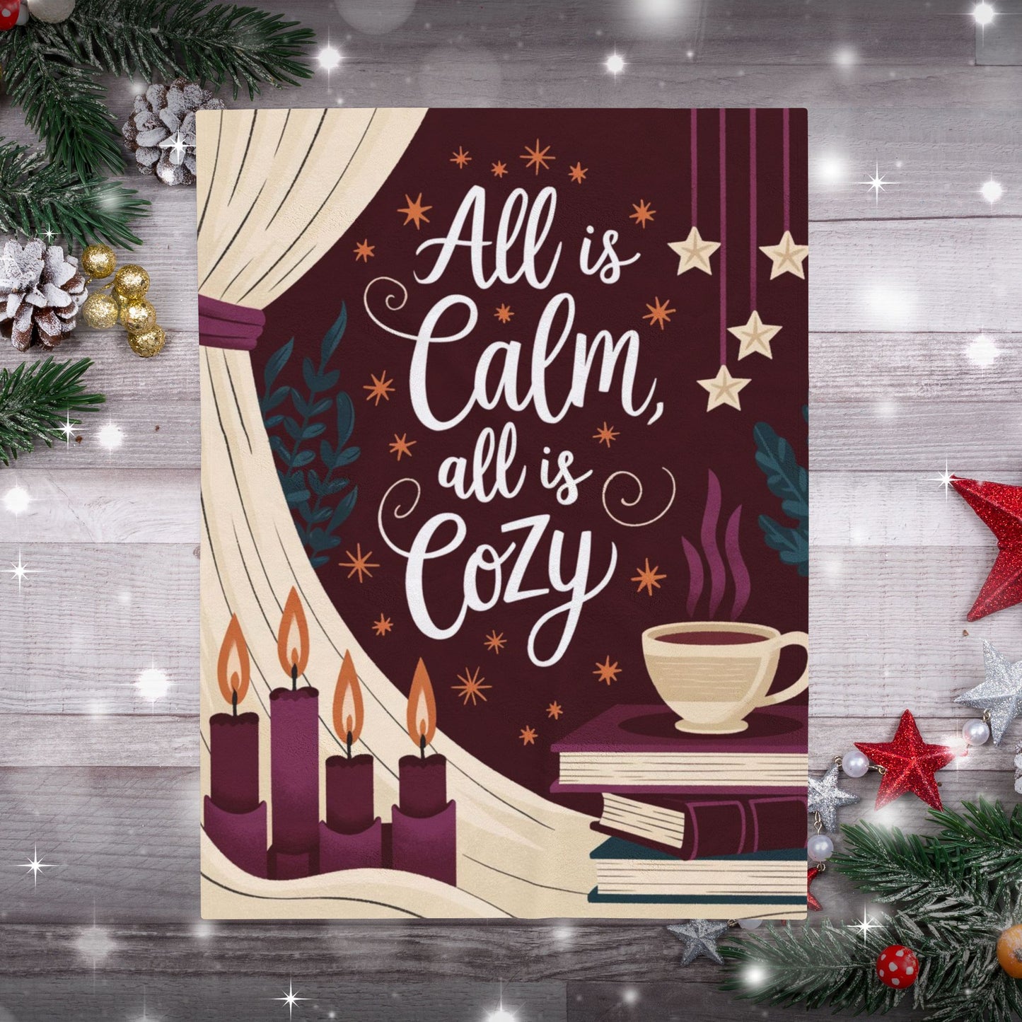 Cozy Christmas blanket “All Is Calm, All Is Cozy” with winter holiday design, soft festive throw for comfort