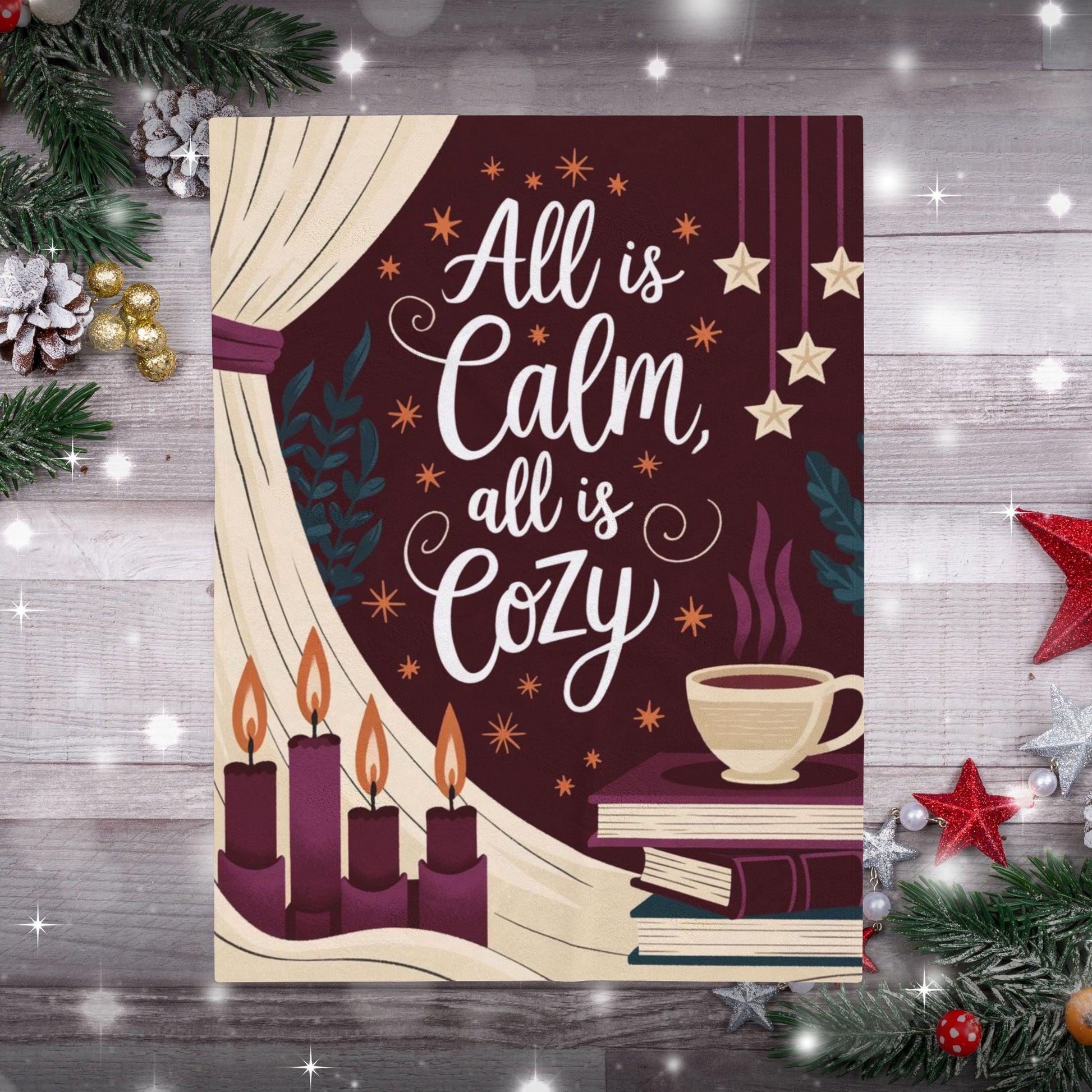 Cozy Christmas blanket “All Is Calm, All Is Cozy” with winter holiday design, soft festive throw for comfort
