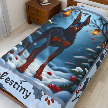 Doberman Blue and Rust personalized winter dog blanket with elegant Doberman artwork and bright snowy lodge scenery