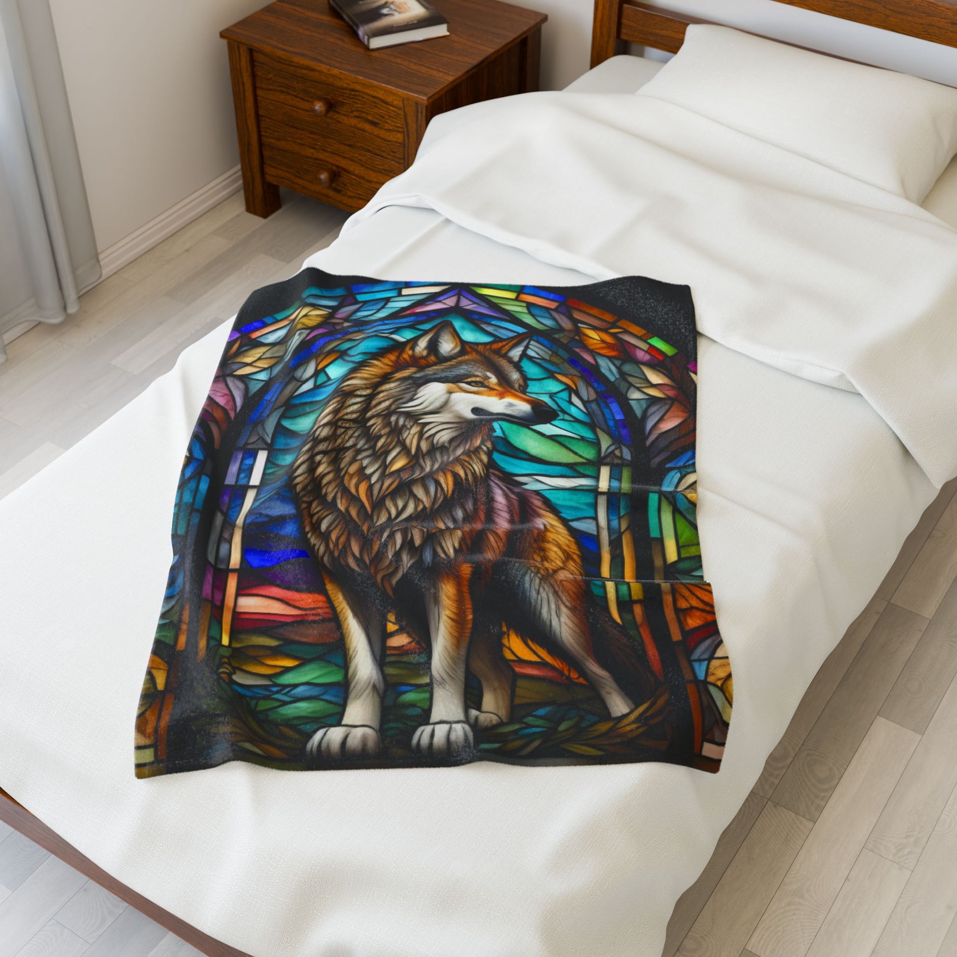 A mystical wolf blanket featuring stained glass-style artwork for serenity and warmth.