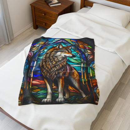 A mystical wolf blanket featuring stained glass-style artwork for serenity and warmth.