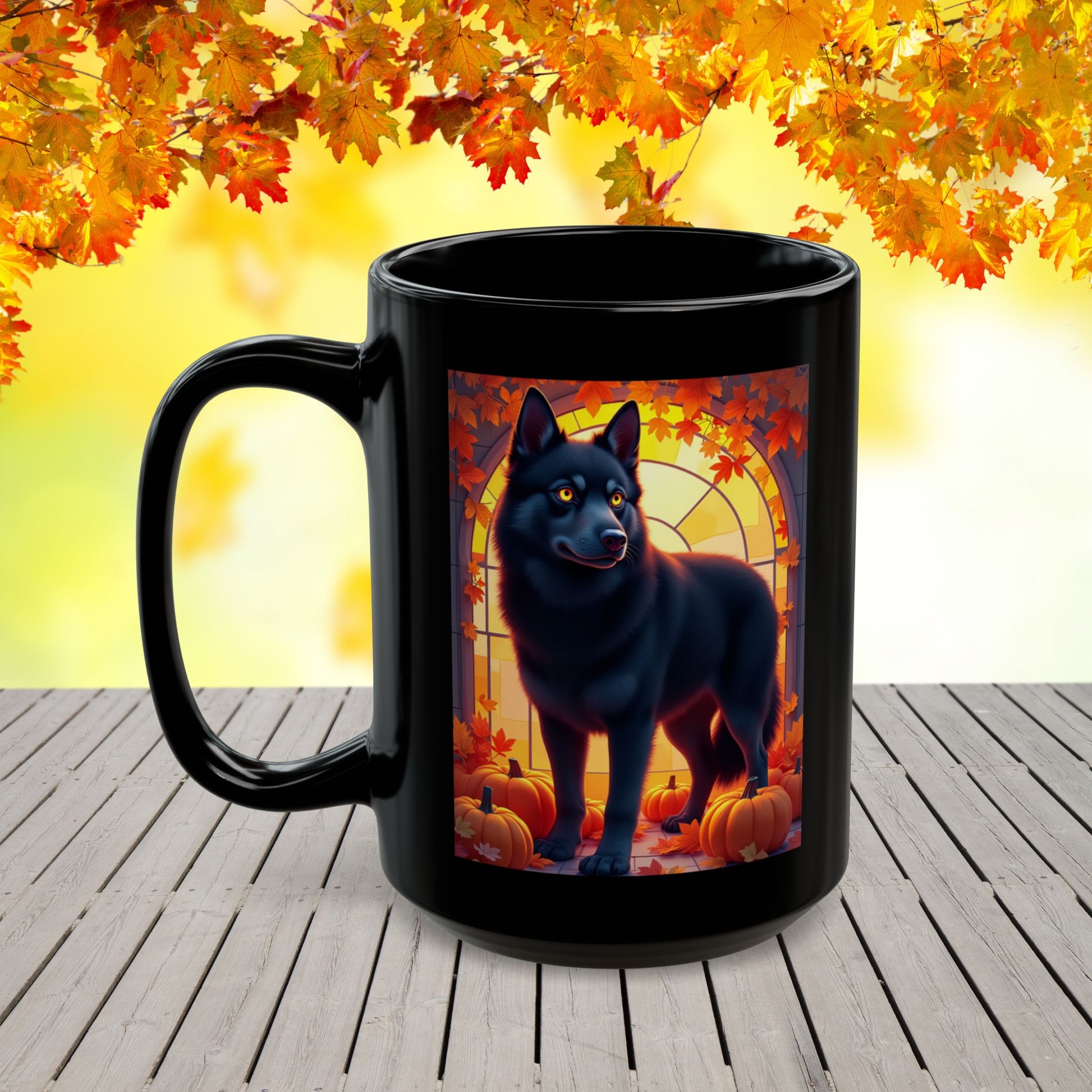 Black Siberian Husky (Amber Eyes) autumn coffee mug, personalized seasonal Husky gift for dog lovers