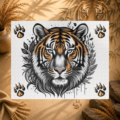 Empower Your Mind - Ink and Orange Tiger Puzzle with Botanical Leaves and Paw Prints on White