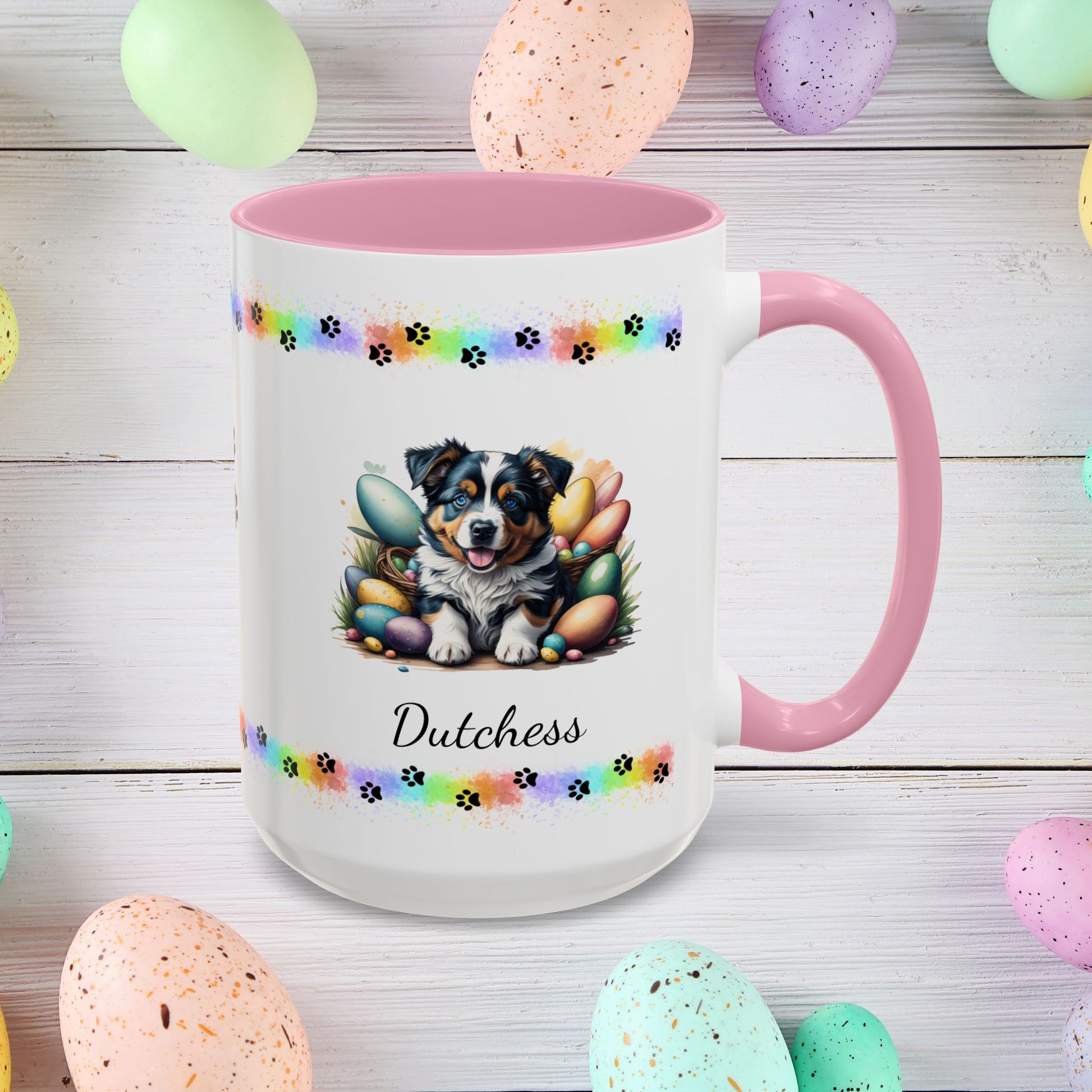 Australian Shepherd: Personalized Easter Puppy Coffee Mug - Adorable Dog Design, Mental Health Gift, 11oz & 15oz, 12 Color Choices, Easter Gifts & Décor