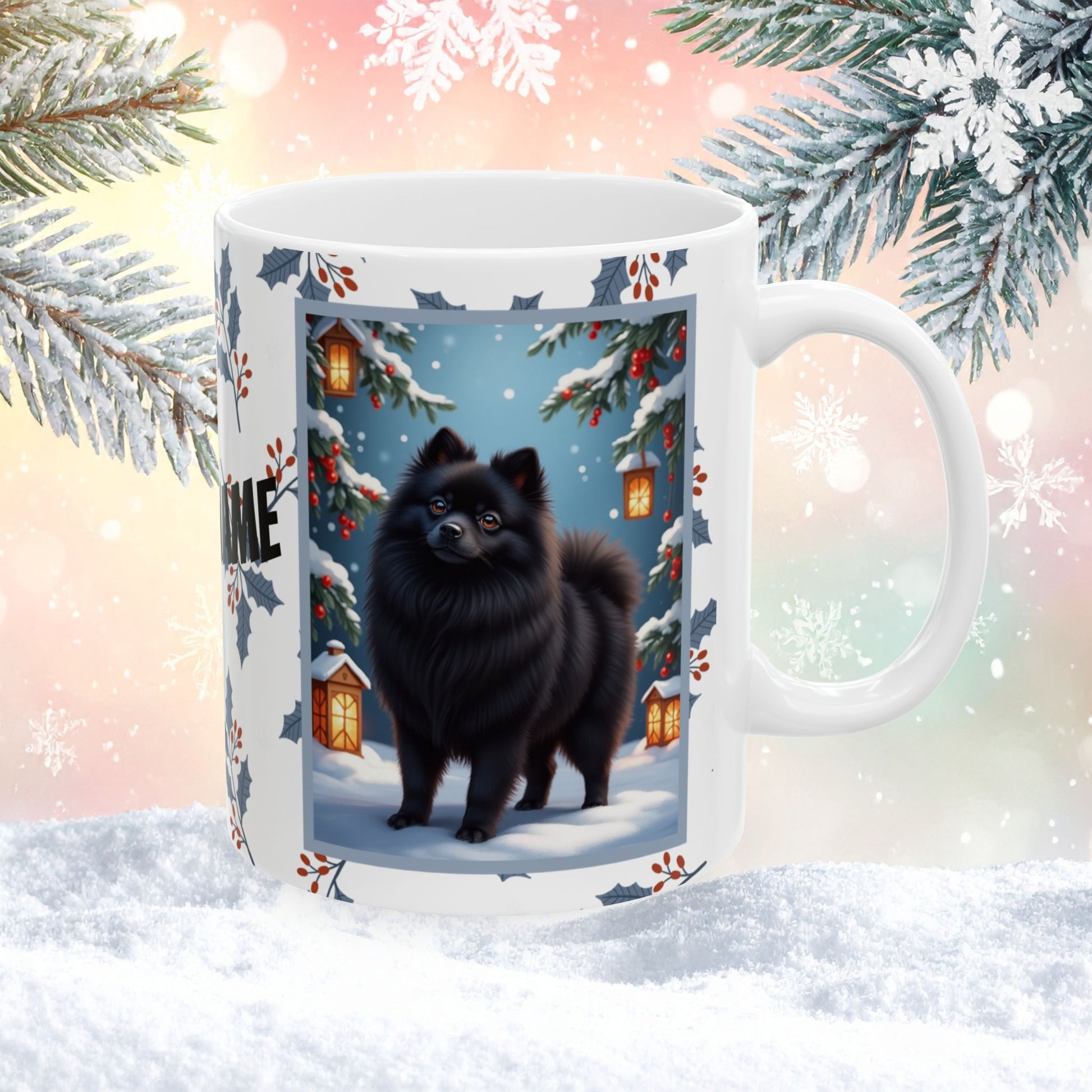 Pomeranian (Black) Winter Mug - black pomeranian artwork standing in a cozy winter setting with pine accents