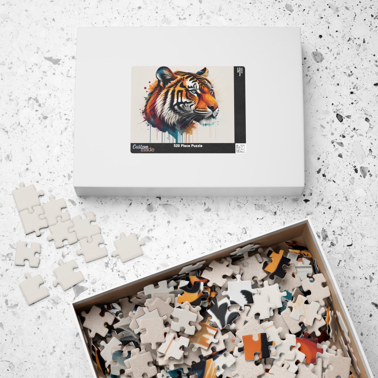 The Tiger Within - Vivid Tiger Portrait Puzzle with Multicolor Paint Splatters on White