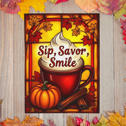 Cozy fall blanket with “Sip, Savor, Smile,” warm orange tones and autumn mindfulness aesthetic.