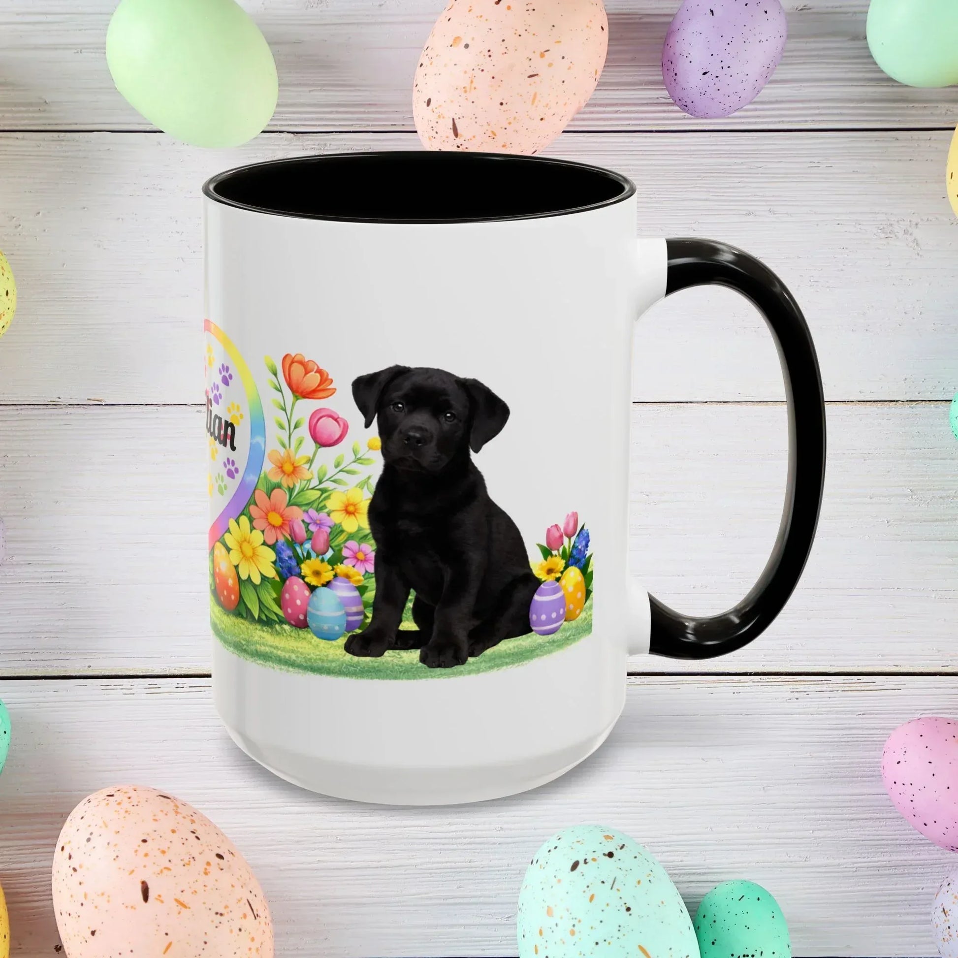 Shop our rottweiler black puppy easter mug featuring the 15oz style option from MySisterIsASurvivor.