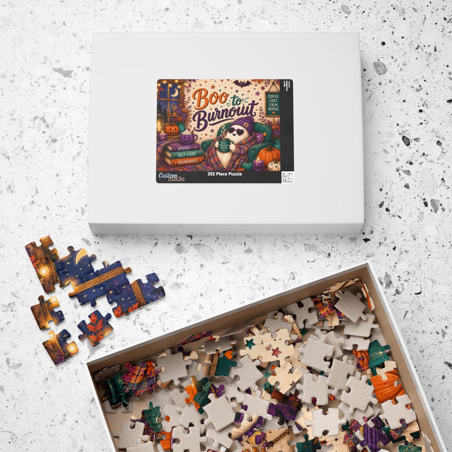 Boo to Burnout Halloween Puzzle - Ghost in Beanie with Rest Recharge Repeat Mug and Self-Care Books