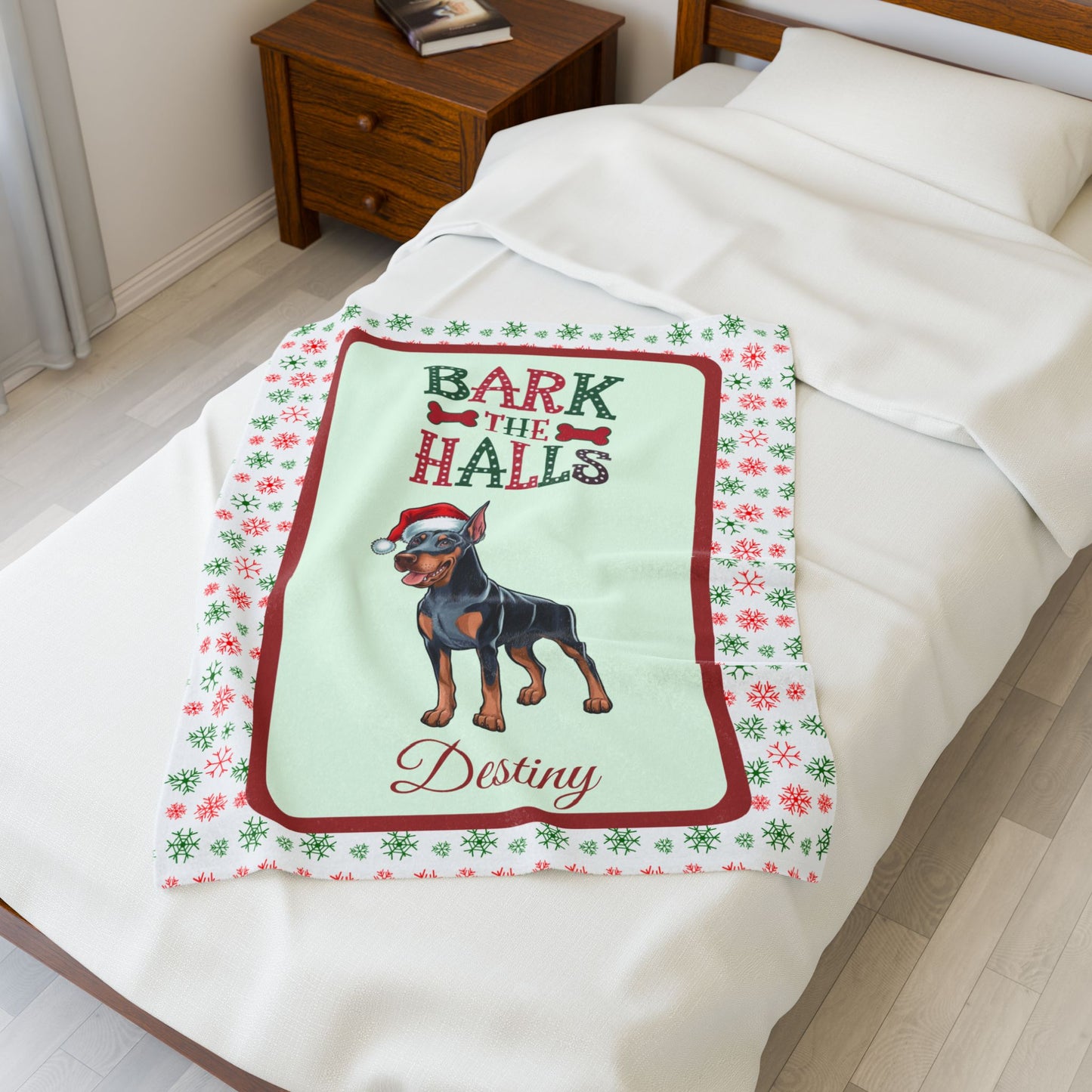 Doberman Pinscher (Blue & Rust) Custom Velveteen Blanket - festive Bark The Halls dog throw, perfect gift