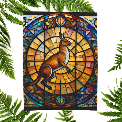 A cozy kangaroo blanket with stained glass-style background that radiates warmth and calm.