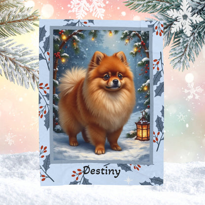 Pomeranian Orange personalized winter throw featuring a cheerful orange Pom in a cozy lodge winter scene