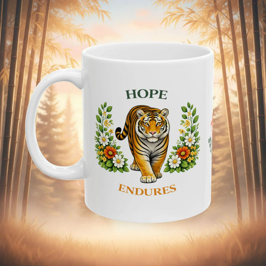 Shop our hope endures tiger mug featuring the 15oz style option from MySisterIsASurvivor.