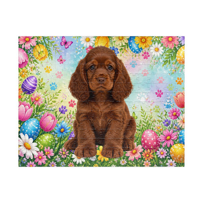 American Cocker Spaniel (Liver) Easter Puppy Puzzle - Spring Garden with Eggs, Tulips, and Daisies