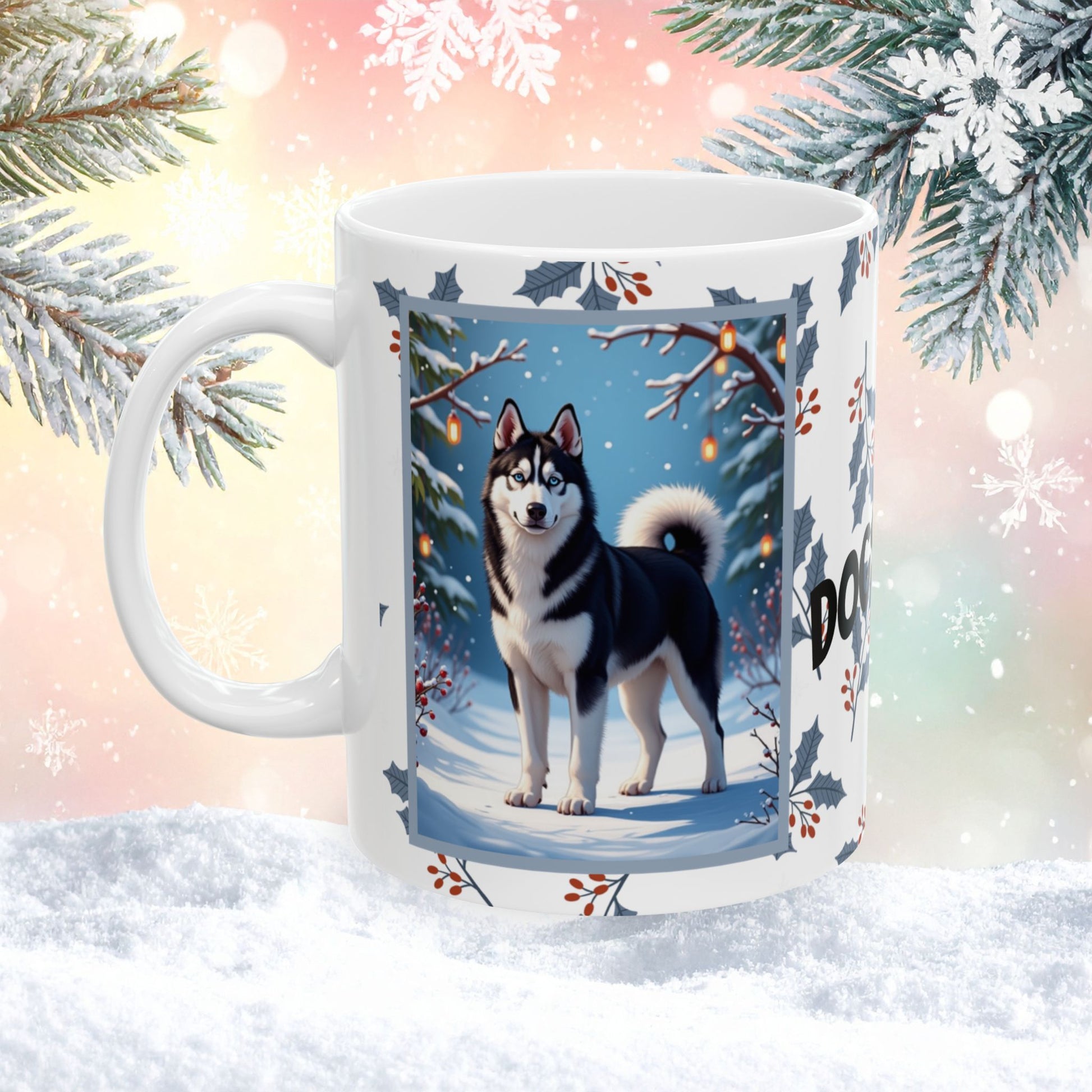 Husky (Black & White) Winter Mug - black and white husky artwork standing in a crisp winter setting with snowfall