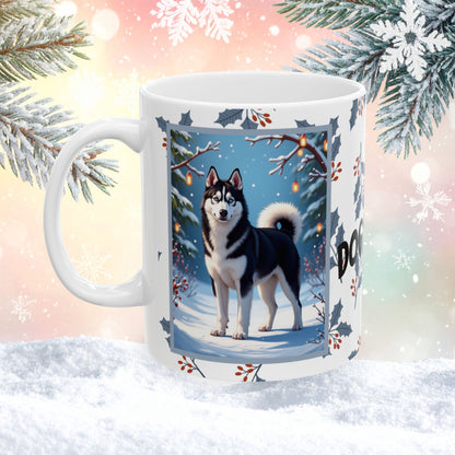Husky (Black & White) Winter Mug - black and white husky artwork standing in a crisp winter setting with snowfall