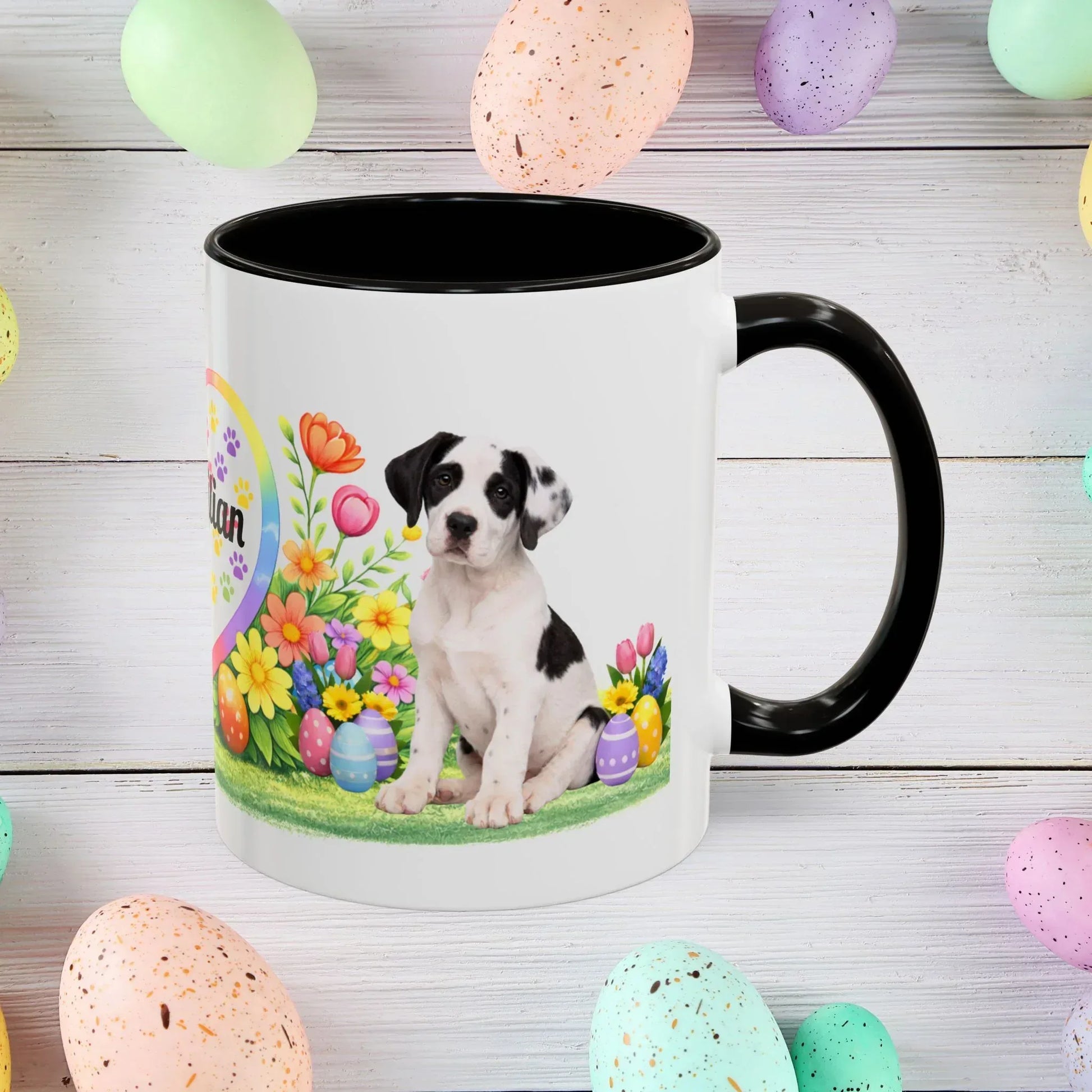 Shop our great dane piebald puppy easter mug featuring the 11oz style option from MySisterIsASurvivor.