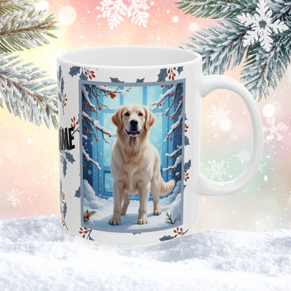 Golden Retriever (White) Winter Mug - white Golden Retriever artwork standing in a peaceful winter scene with snow
