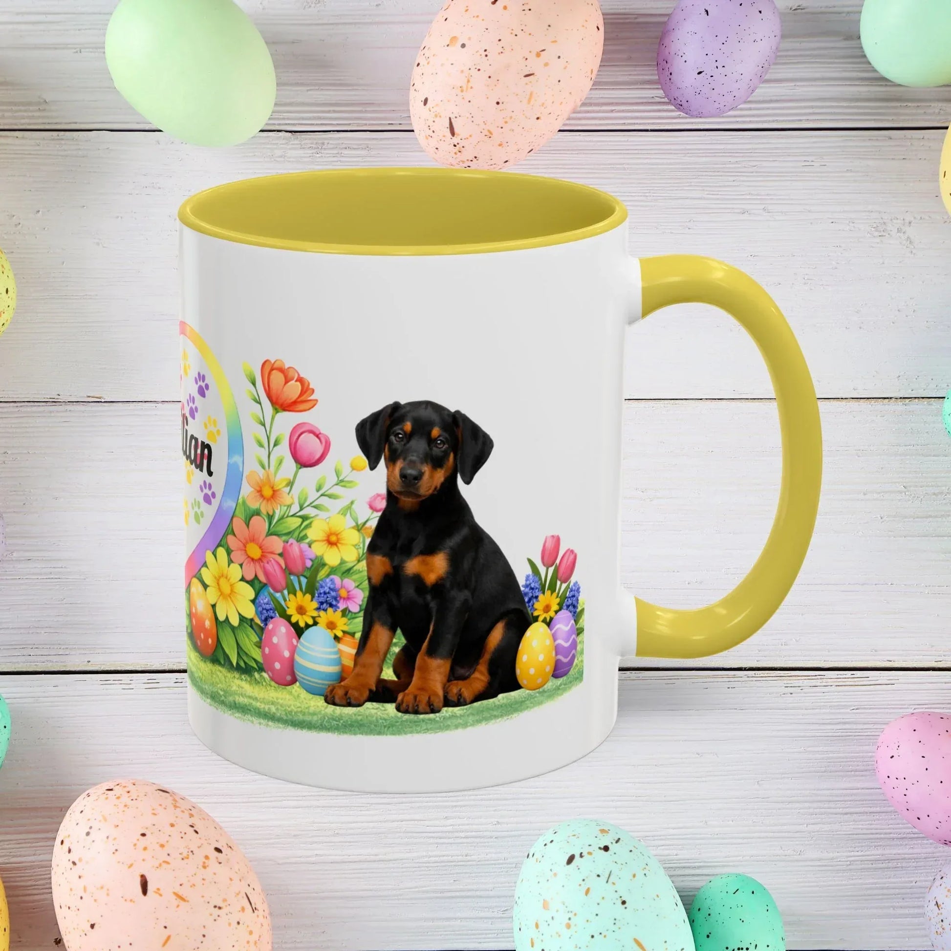 Shop our doberman black rust puppy easter mug featuring the 15oz style option from MySisterIsASurvivor.