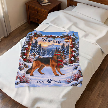 German Shepherd (Black & Red Coat) - Personalized Winter Mountain Blanket, Custom Name Velveteen Throw - MySisterIsAsurvor