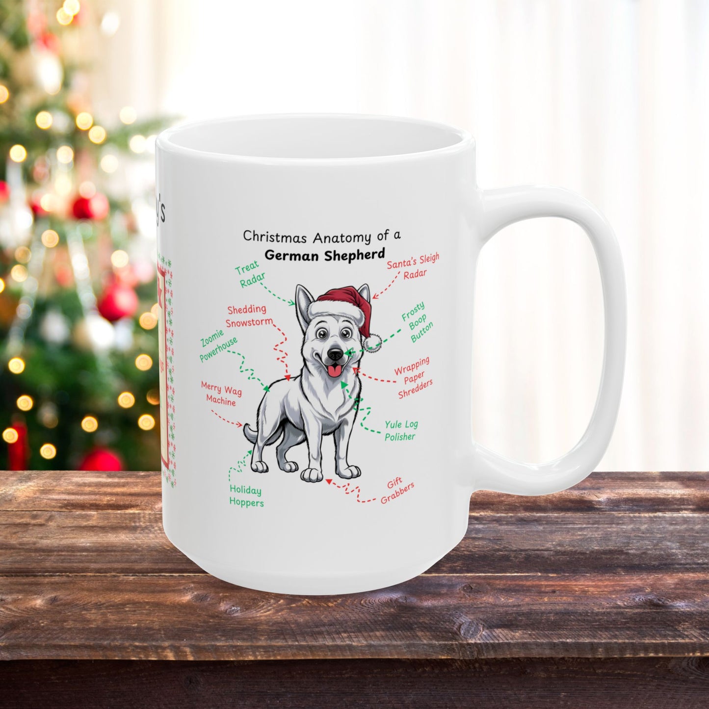 German Shepherd (White) Christmas Mug - Personalized holiday coffee cup for dog owners and GSD lovers