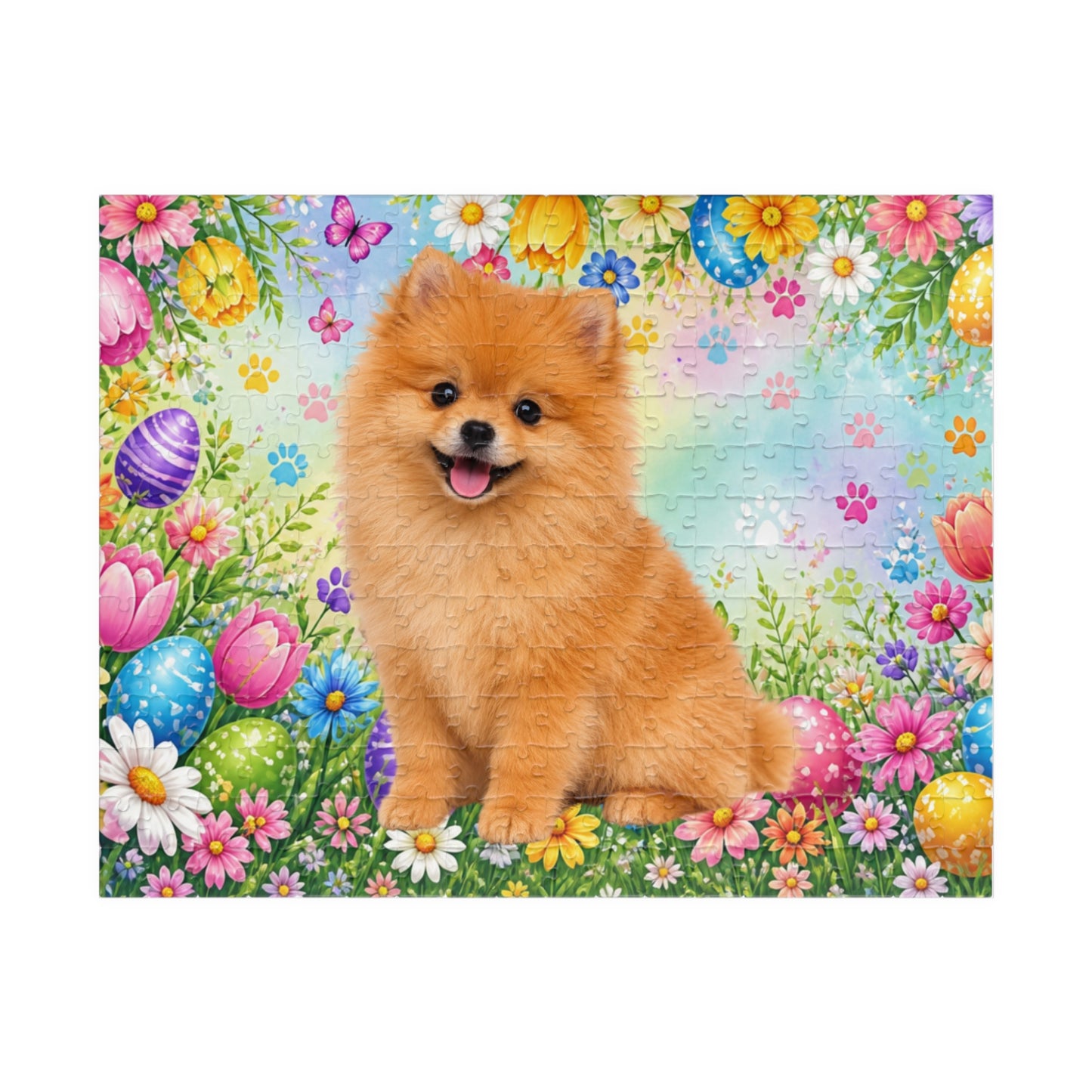 Pomeranian (Orange) Easter Puppy Puzzle - Spring Garden with Eggs, Tulips, and Daisies