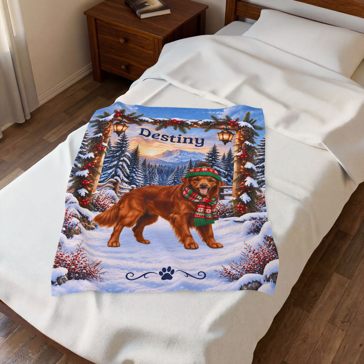 Golden Retriever (Red Coat) - Custom Name Winter Lodge Blanket, Personalized Field Golden Lover Gift