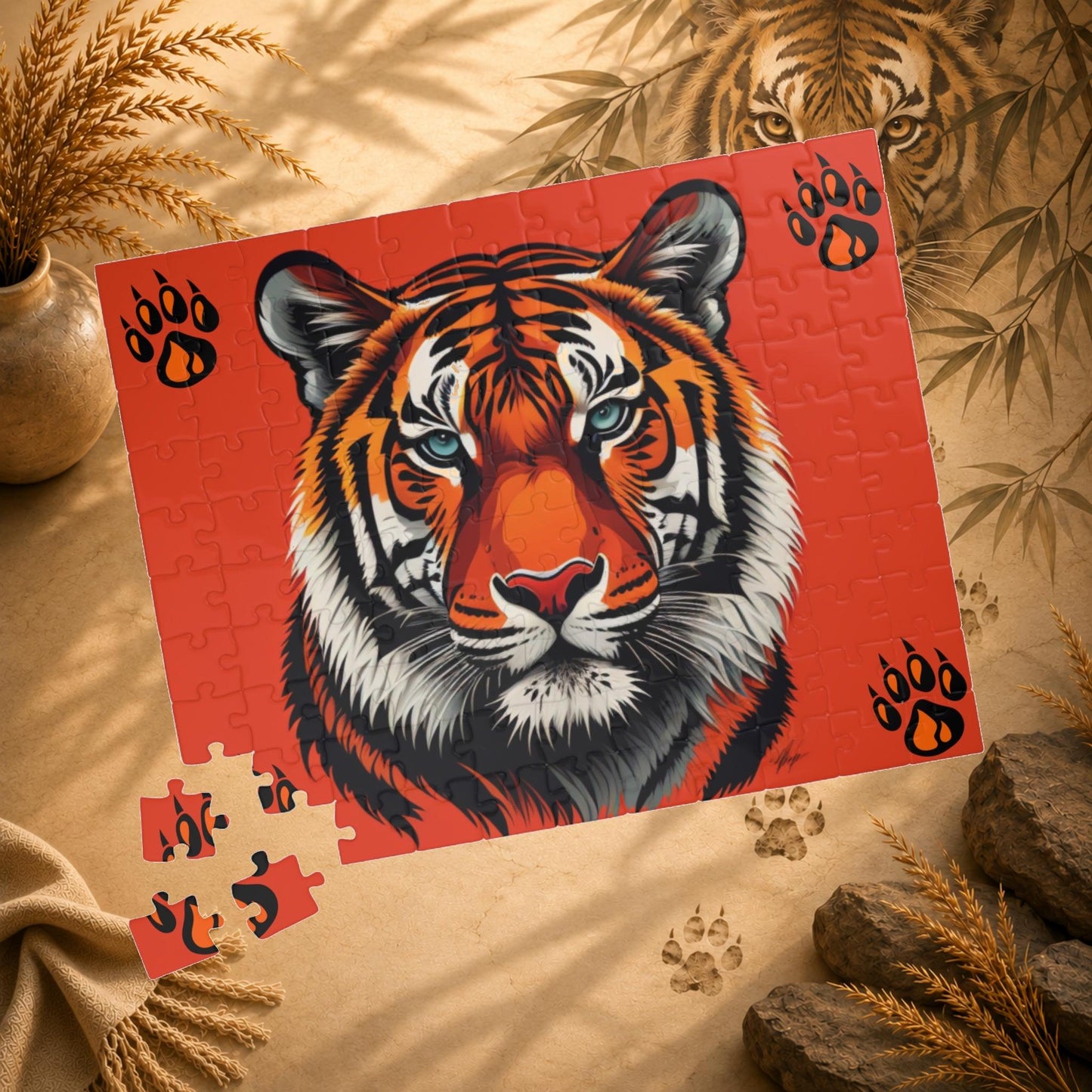 Wild Resilience - Tiger Portrait Puzzle with Paw Prints on Bold Red Background