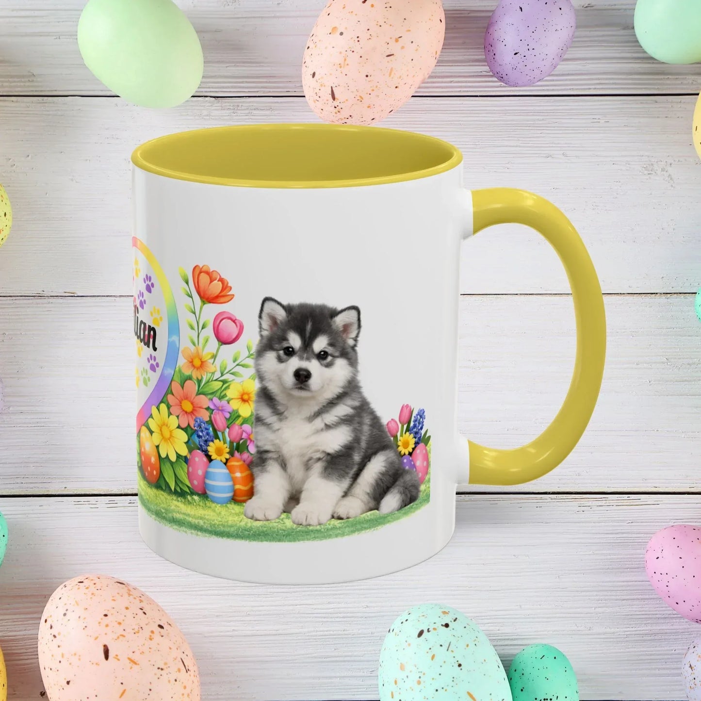 Shop our alaskan malamute blue white puppy easter mug featuring the 15oz style option from MySisterIsASurvivor.