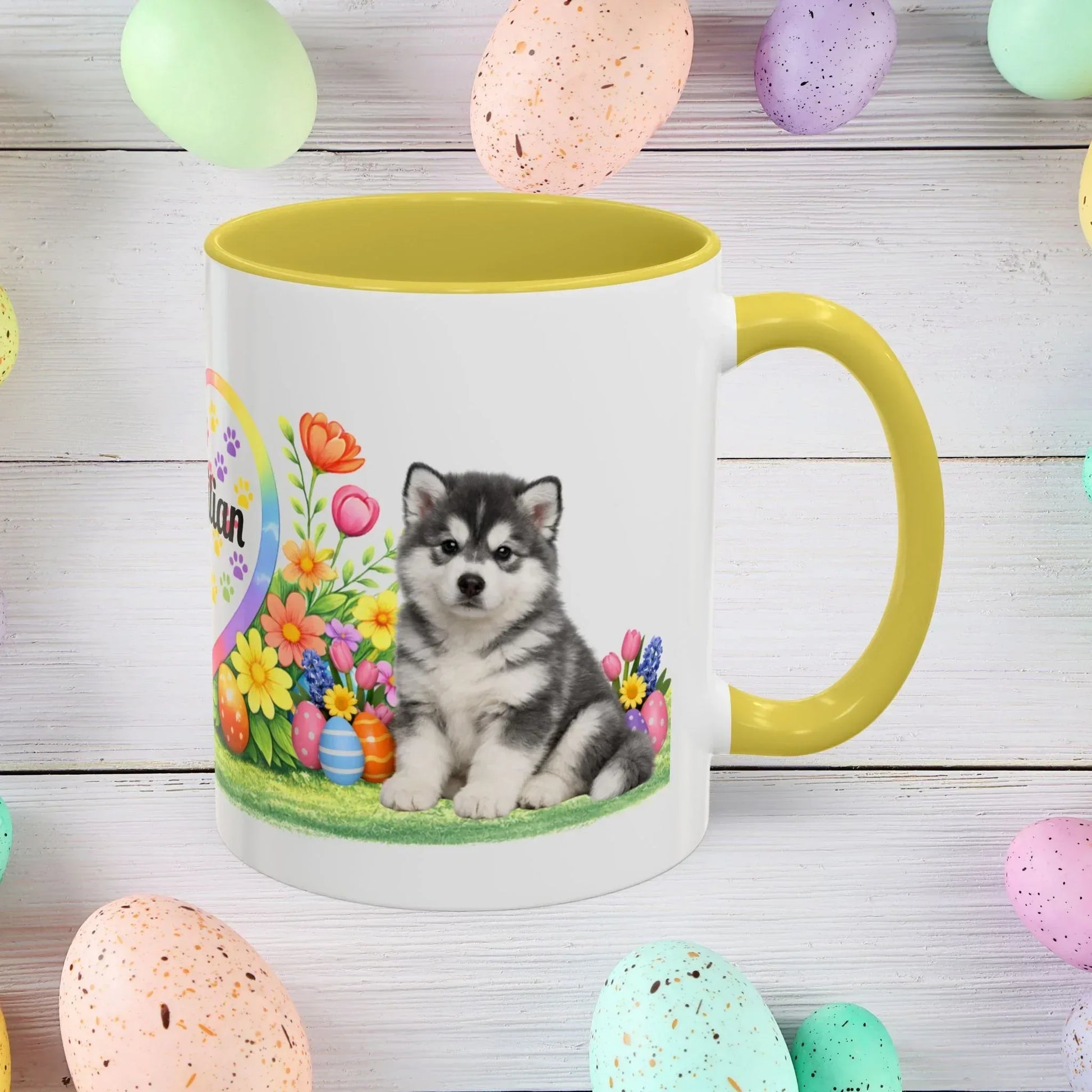 Shop our alaskan malamute blue white puppy easter mug featuring the 15oz style option from MySisterIsASurvivor.