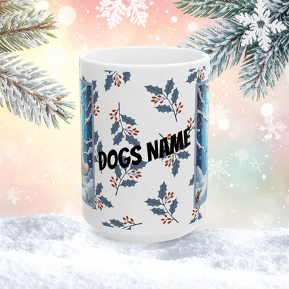 Golden Retriever (White) Winter Mug - white Golden Retriever artwork standing in a peaceful winter scene with snow