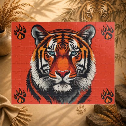 Wild Resilience - Tiger Portrait Puzzle with Paw Prints on Bold Red Background