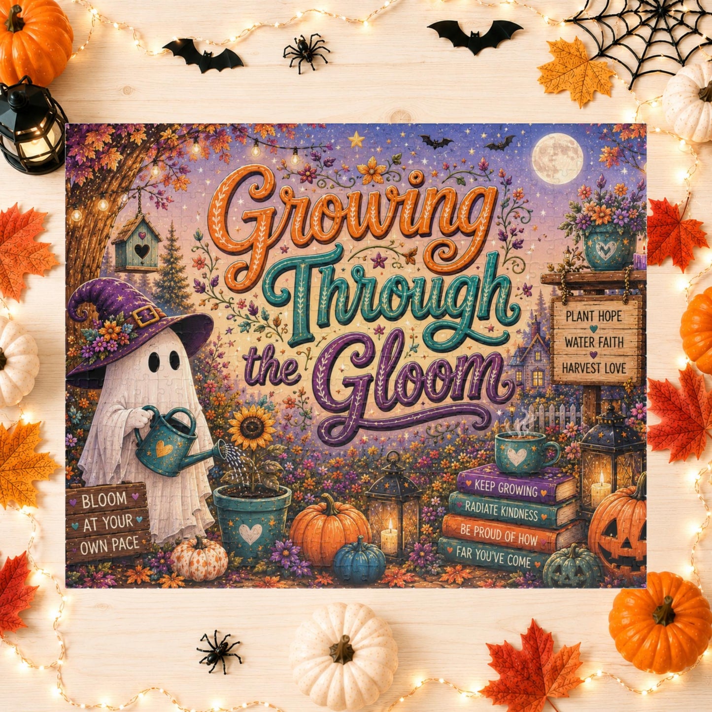 Growing Through the Gloom Halloween Puzzle - Ghost Watering Heart Plant with Bloom at Your Own Pace Sign
