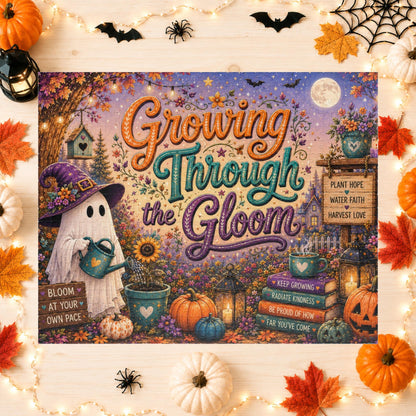 Growing Through the Gloom Halloween Puzzle - Ghost Watering Heart Plant with Bloom at Your Own Pace Sign