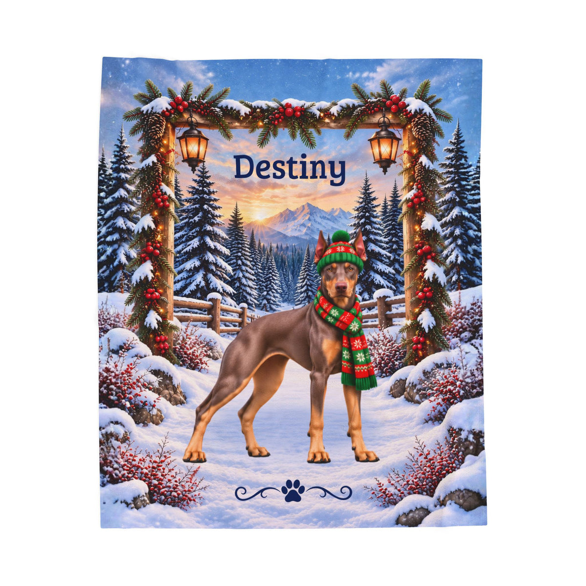 Doberman (Red Fawn Coat) - Personalized Winter Blanket, Snowy Woodland Velveteen Throw