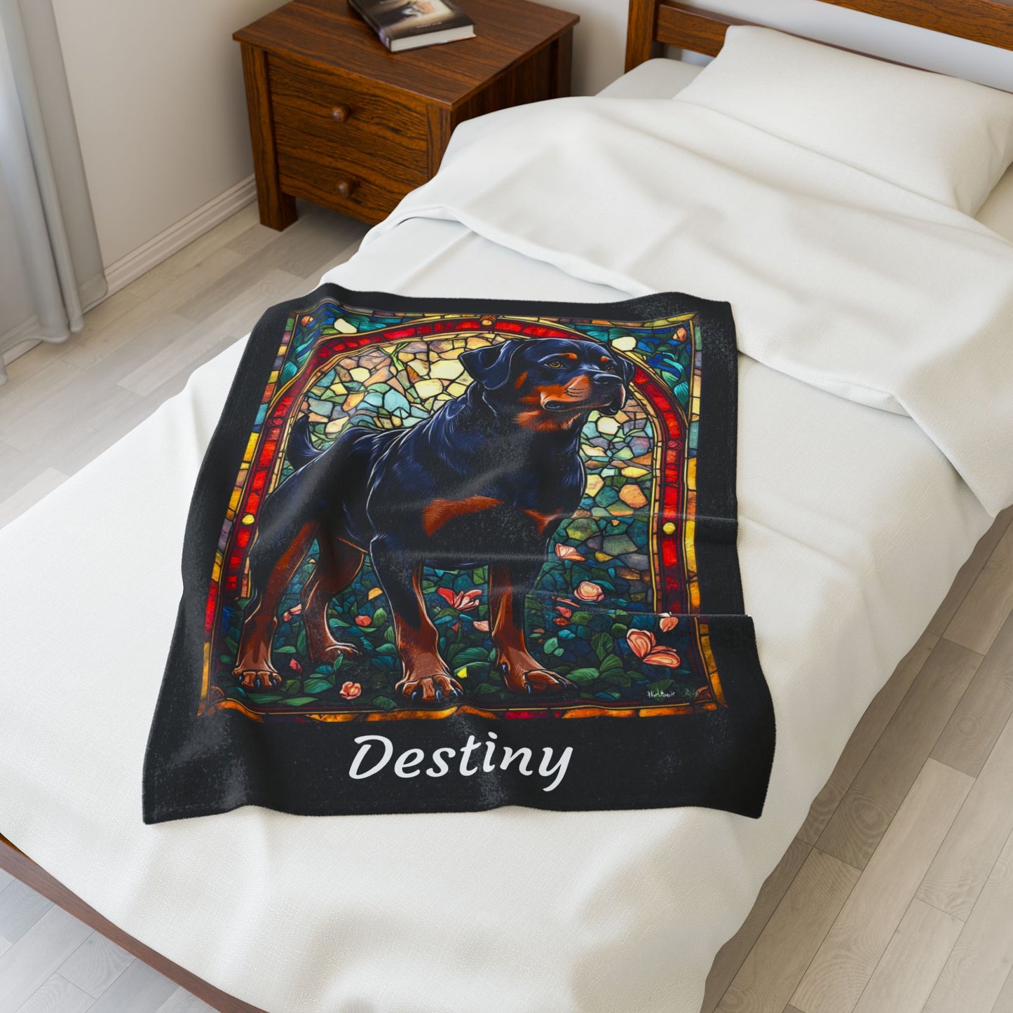 Rottweiler Black & Mahogany Coat Blanket, Velveteen Plush Stained Glass Dog Throw, Personalized Gift