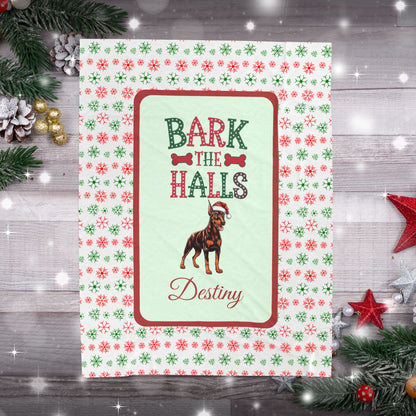 Doberman Pinscher (Red & Rust) Personalized Velveteen Plush Blanket - "Bark The Halls" | Cozy Holiday Gift for Dog Lovers