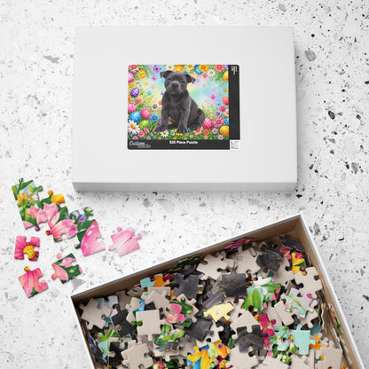 Pitbull (Blue) Easter Puppy Puzzle - Spring Garden with Eggs, Tulips, and Daisies