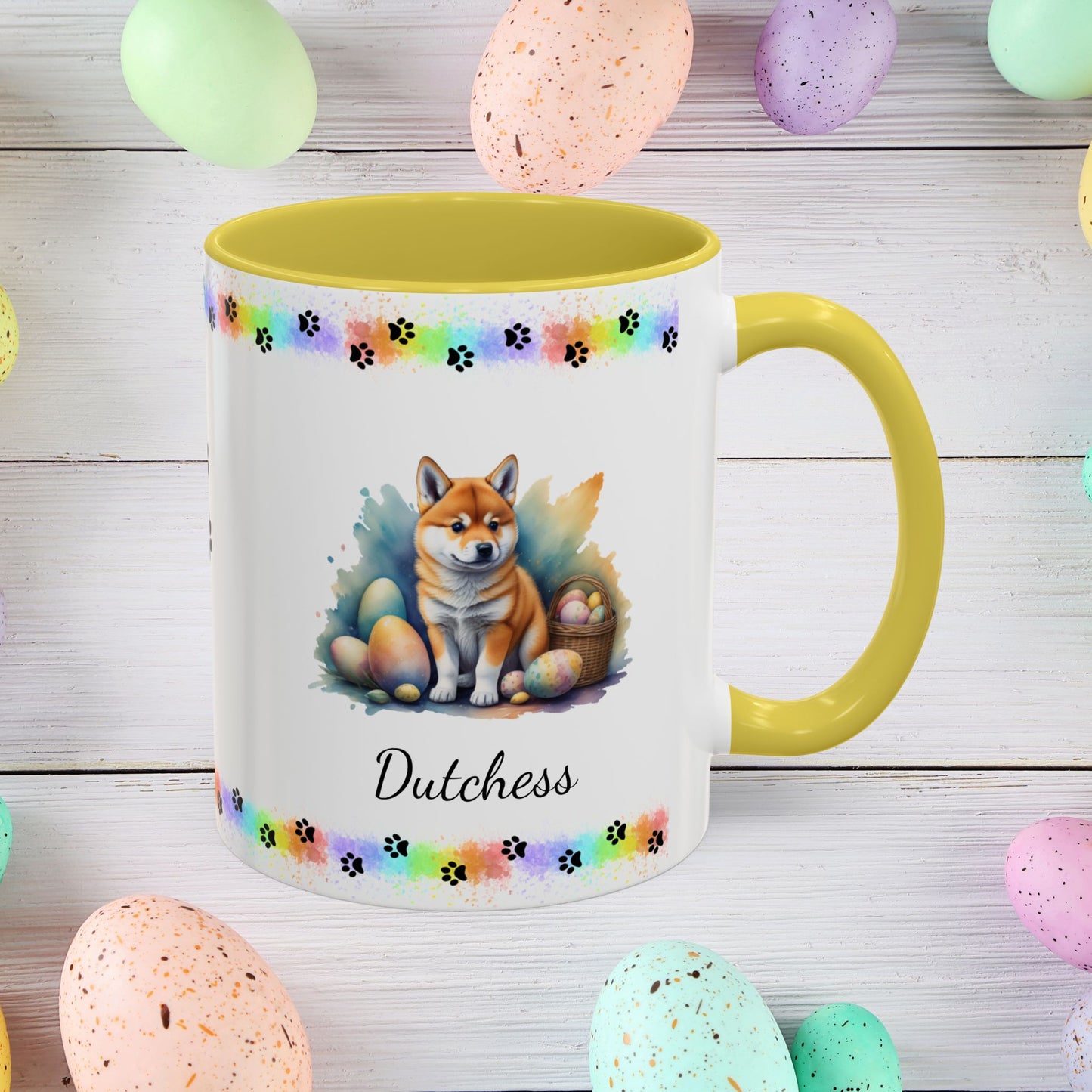 Shiba Inu: Personalized Easter Puppy Coffee Mug - Adorable Dog Design, Mental Health Gift, 11oz & 15oz, 12 Color Choices, Easter Gifts & Décor