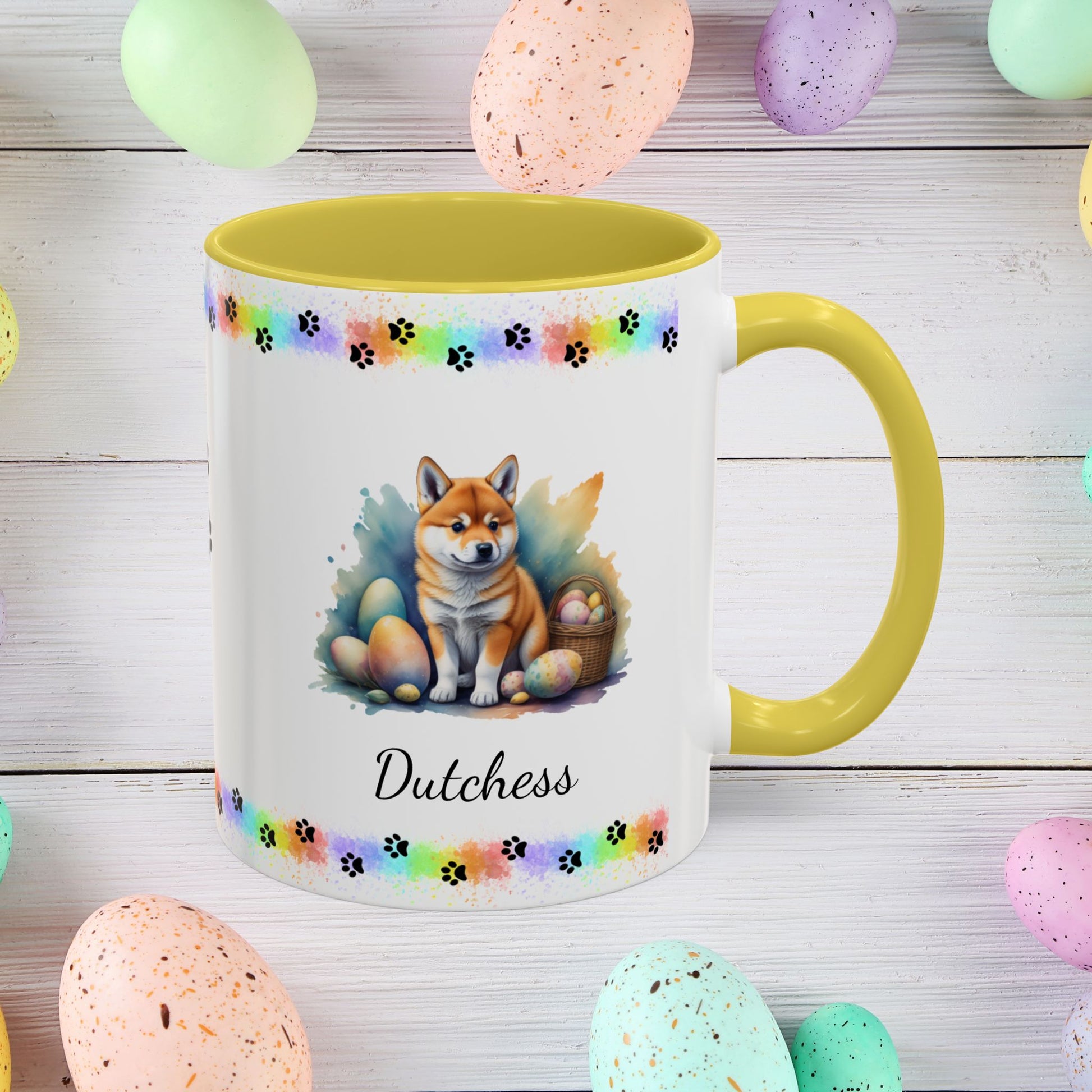 Shiba Inu: Personalized Easter Puppy Coffee Mug - Adorable Dog Design, Mental Health Gift, 11oz & 15oz, 12 Color Choices, Easter Gifts & Décor