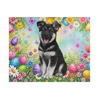 German Shepherd (Black & Silver) Easter Puppy Puzzle - Flowers, Eggs, and Spring Fun