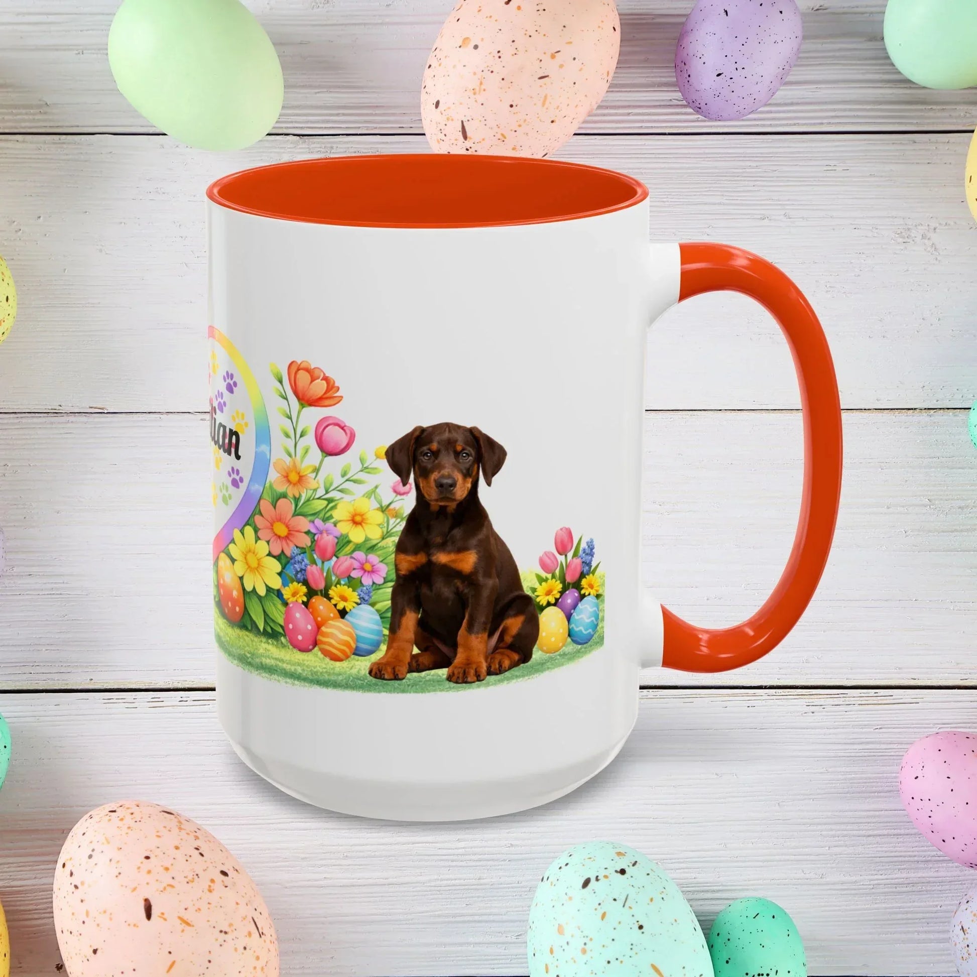 Shop our doberman red rust puppy easter mug featuring the 15oz style option from MySisterIsASurvivor.