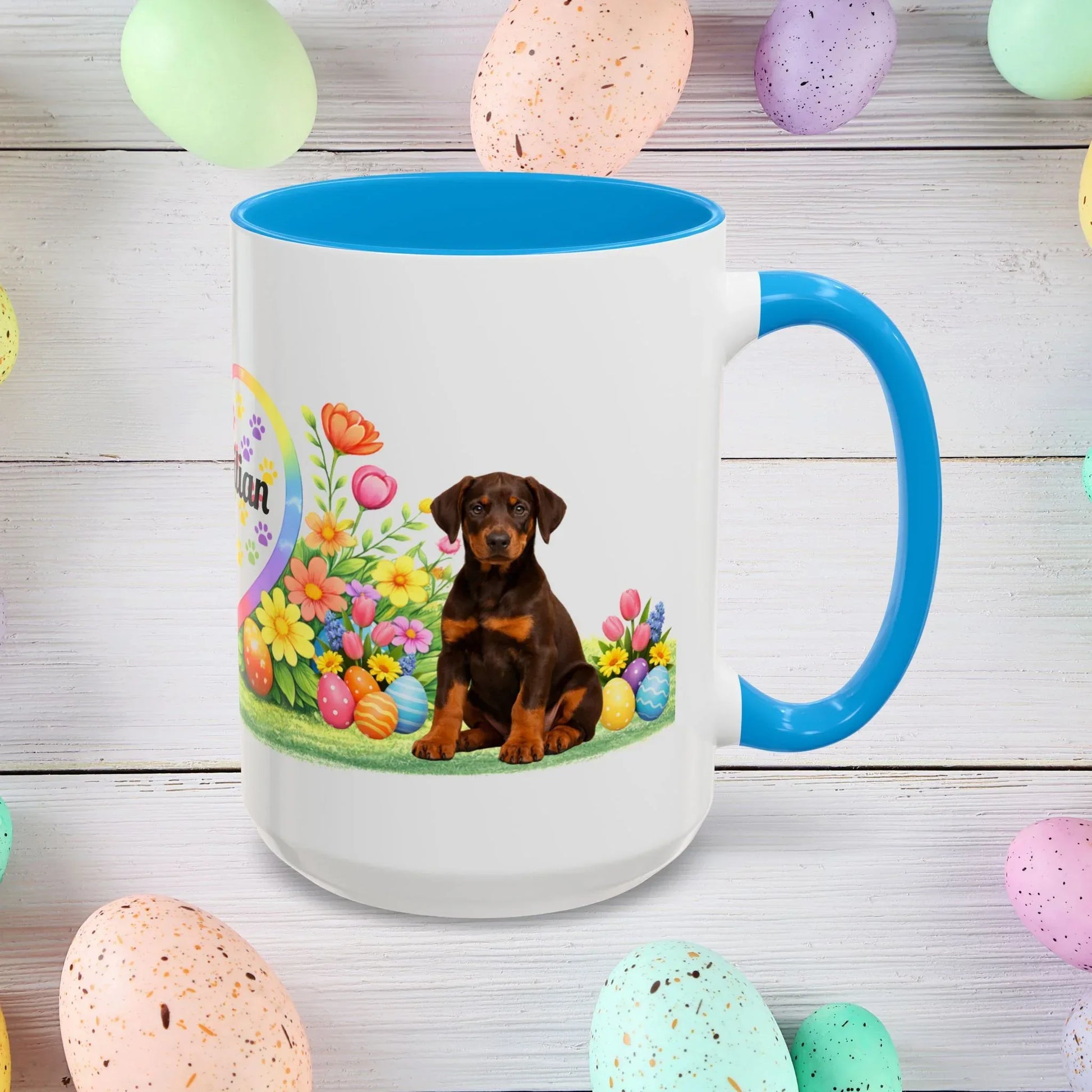 Shop our doberman red rust puppy easter mug featuring the 15oz style option from MySisterIsASurvivor.