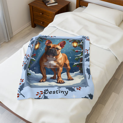 French Bulldog Fawn custom winter blanket showing a French Bulldog in a cheerful illustrated winter lodge setting