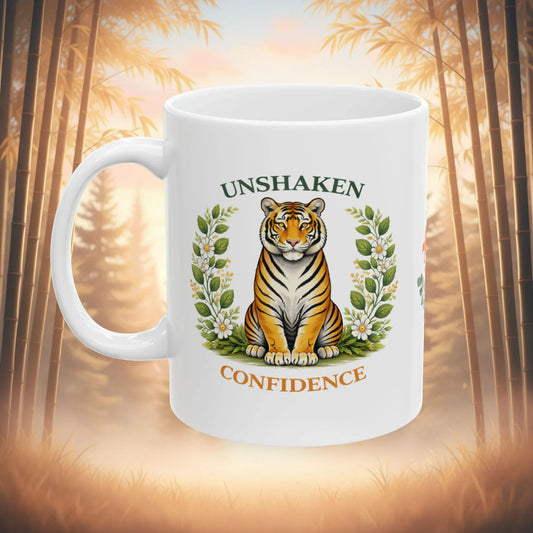 Shop our unshaken confidence tiger mug featuring the 15oz style option from MySisterIsASurvivor.